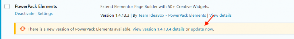 Update PowerPack from WordPress Plugins Page by clicking on update now link.