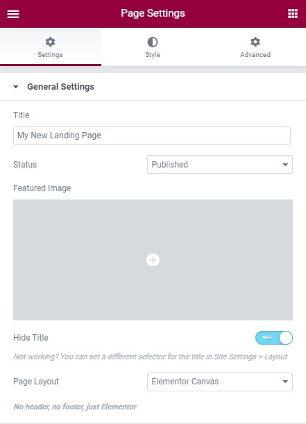 page settings landing page elementor
