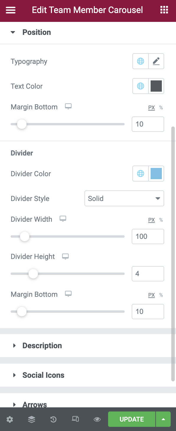 Position Section in the Style Tab of the Team Member Carousel Widget