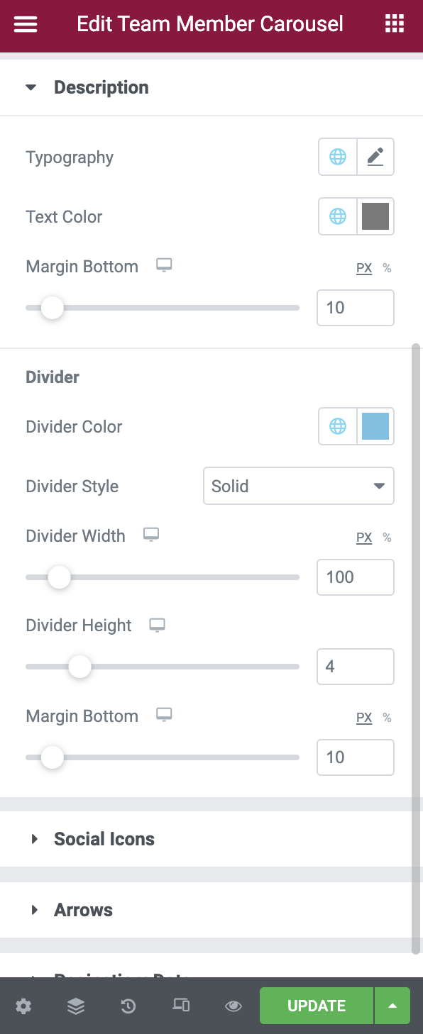 Description Section in the Style Tab of the Team Member Carousel Widget