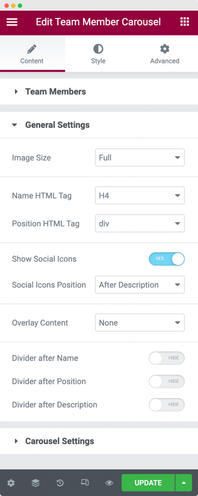 General Settings Section in the Content Tab
