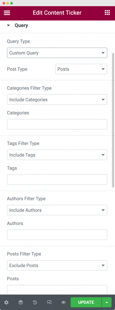 Query Section in the Content Tab of Content Ticker Widget