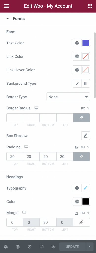 Styling the Forms section in the Style tab of the My Account widget