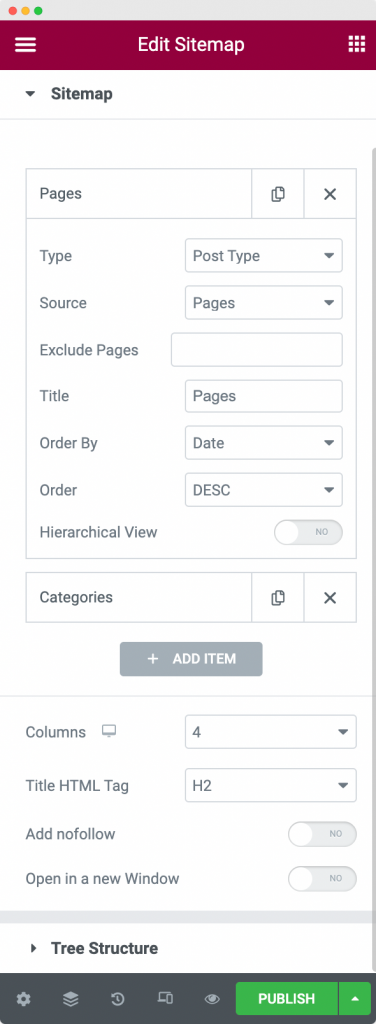 Sitemap Widget Customization in Content Tab