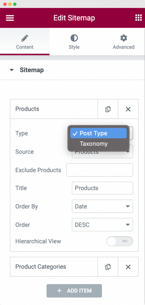 Choose the "Type" in Sitemap Content Tab