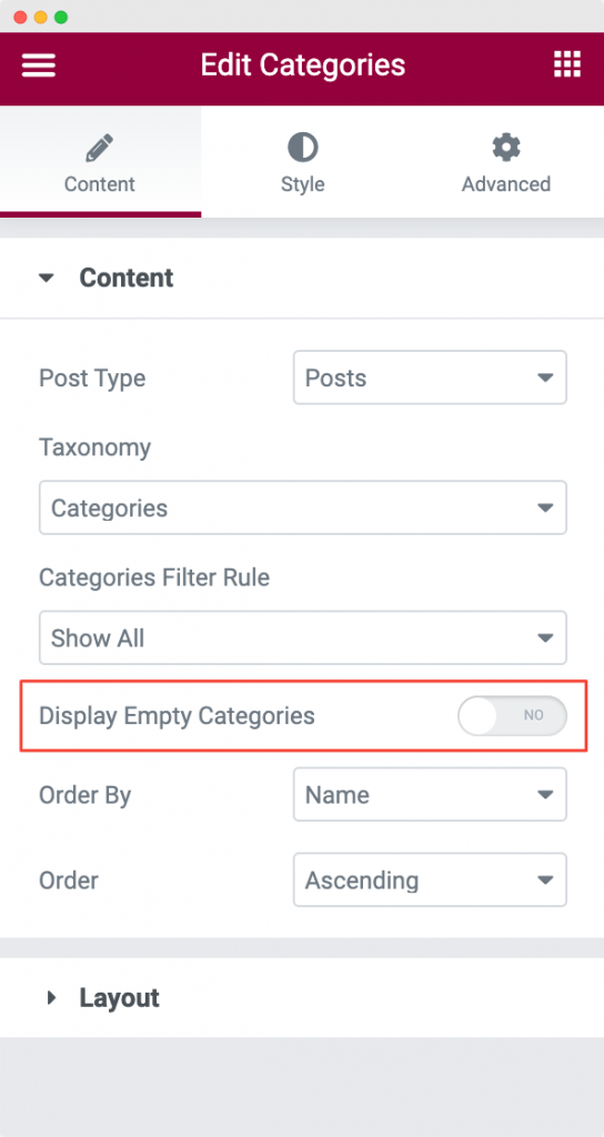 Display Empty Categories option in the Content Tab of the Categories Widget