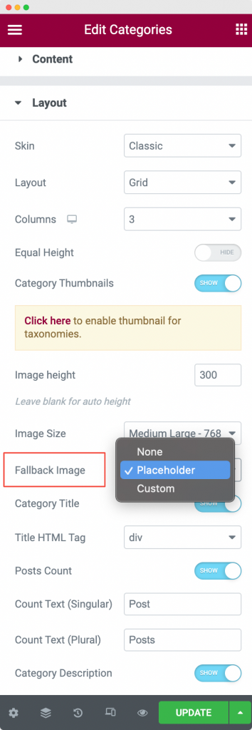 Fallback Image in the Layout Section of the Categories Widget