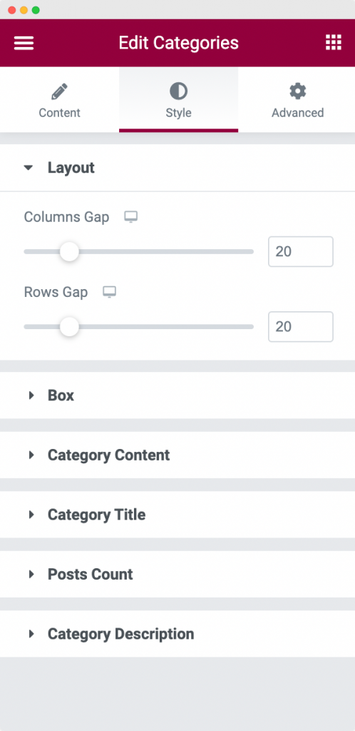 Layout Section in the Style Tab of the Categories Widget