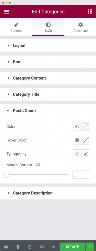 Posts Count Section in the Style Tab of the Categories Widget