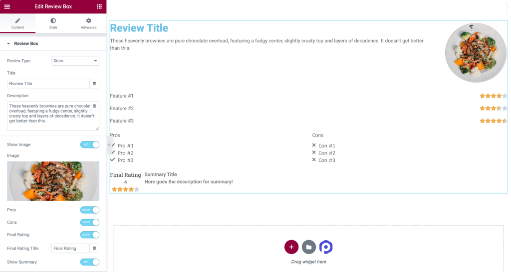content tab of the review box widget for elementor