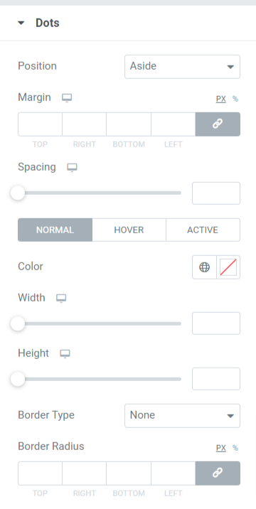 Dots Section in the Style Tab of the Card Slider